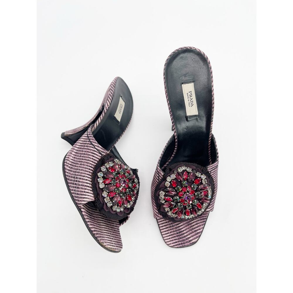 Prada Fall 2004 Pink Black Animal Print Crystal Brooch Mule Heeled Sandals IT 36